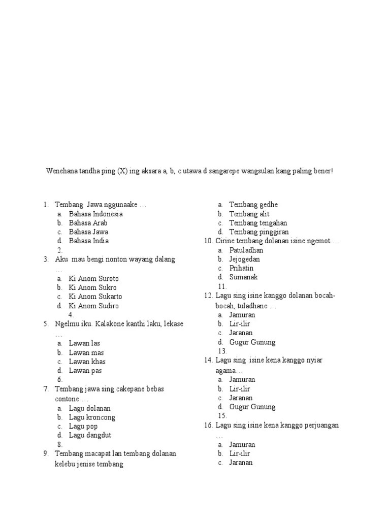 Soal uas bahasa jawa kelas 11 sma / ma semester 1 dan 2 kurikulum 2013 dan kunci. Soal Tembang Jawa Pdf
