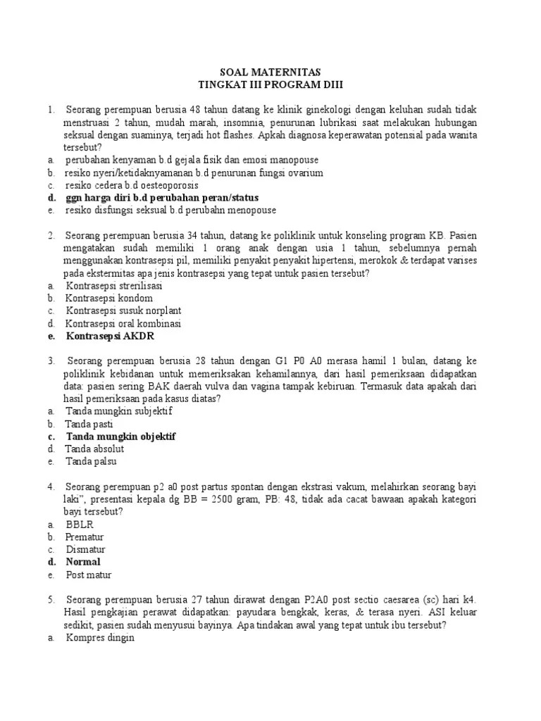 1.seorang wanita yang berusia 74 tahun masuk dengan keluhan sesak, saat ini perawatan hari ke 3. Keperawatan Maternitas Kumpulan Soal Masnurul