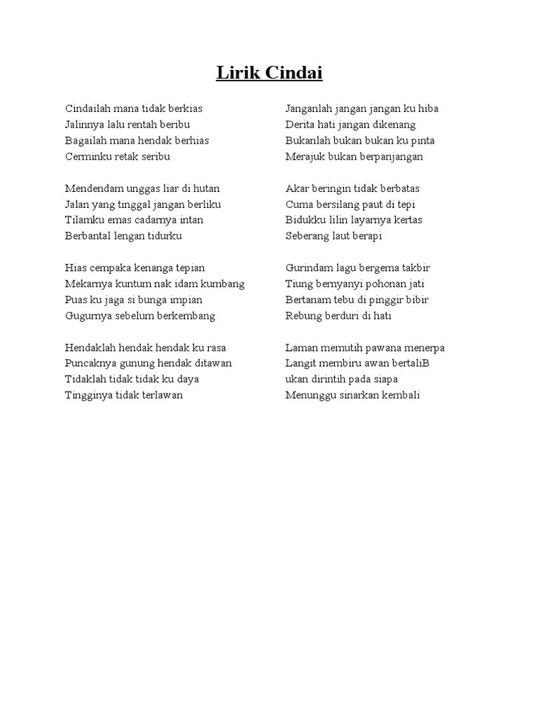Em bm tilam ku emas cadarnya intan Lirik Lagu Cindai Pdf