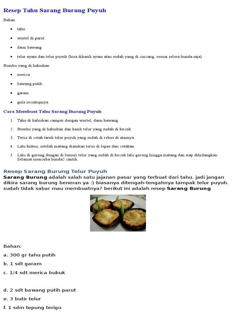 Resep Tahu Sarang Burung Puyuh | PDF