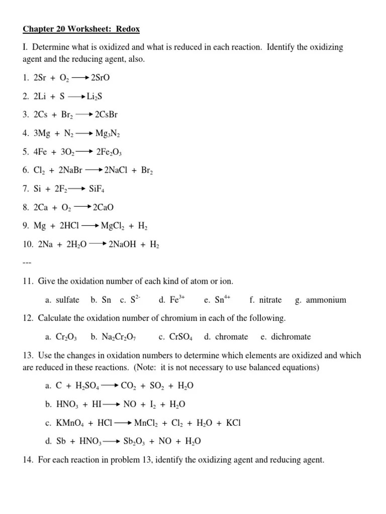 4) analyze the half equations below and identify each half reaction as either an oxidation (o) or reduction (r) reaction. Chapter 20 Worksheet Redox Pdf Redox Physical Sciences