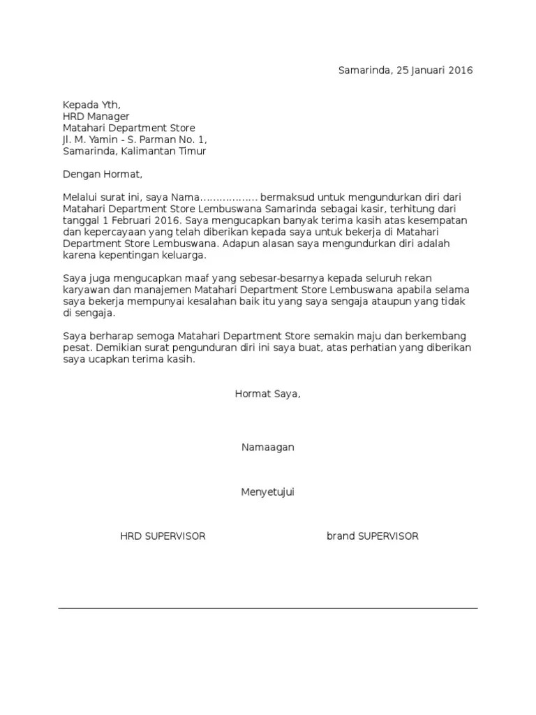 Ketahui cara membuat & contoh surat pengunduran diri agar anda dapat meninggalkan pekerjaan dengan kesan . Contoh Surat Pengunduran Diri Pt Matahari Pdf