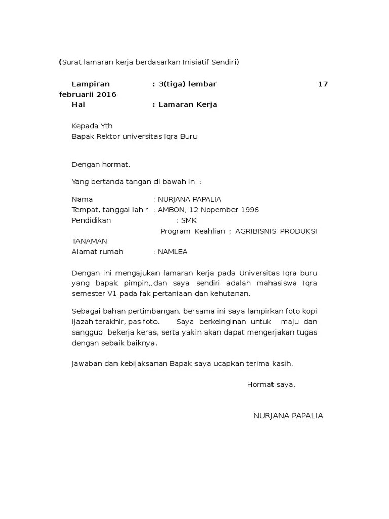 Contoh surat lamaran kerja di pt atas inisiatif sendiri; 26 Contoh Surat Lamaran Kerja Inisiatif Sendiri Kumpulan Contoh Gambar