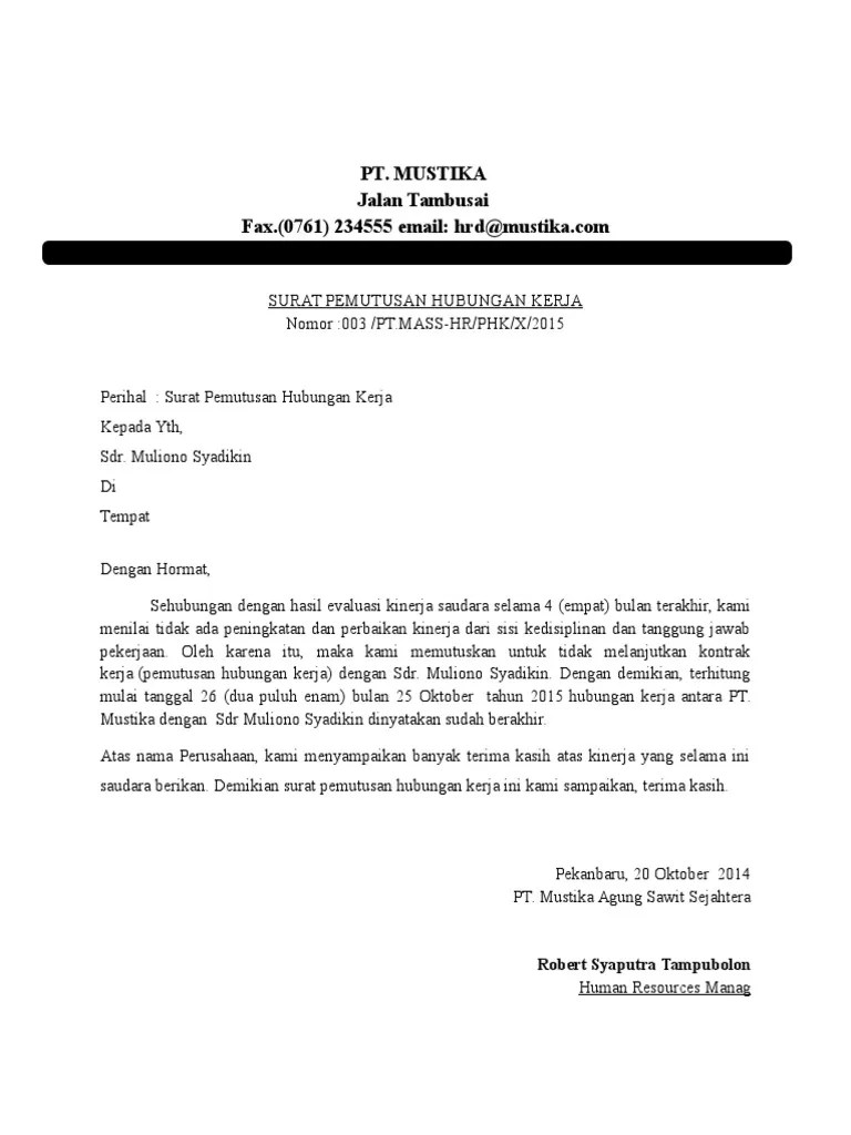Penamatan perkhidmatan contoh surat diberhentikan . Surat Pemecatan Pdf