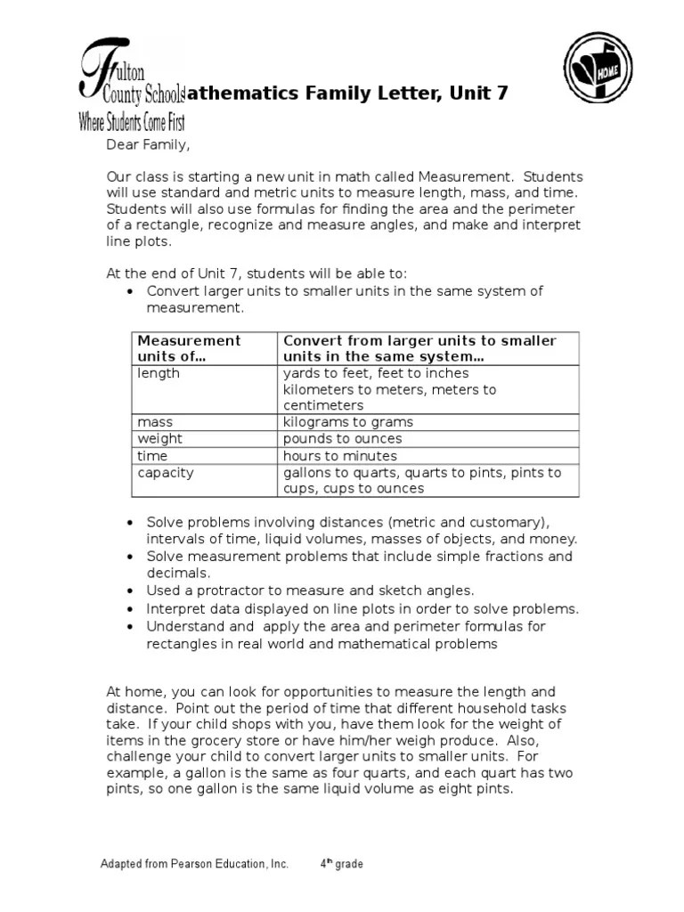Pearsonrealize online learning management system offers the flexibility and data teachers need to customize content and monitor student. 4th Grade Unit 7 Family Letter Pdf Units Of Measurement Measurement