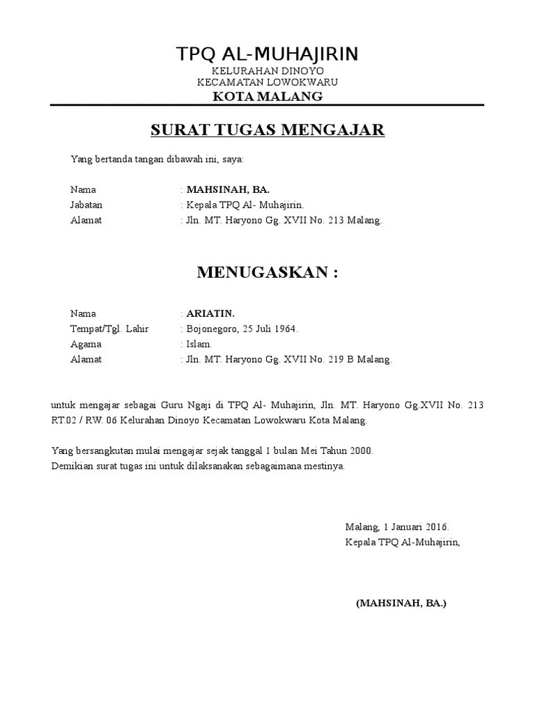 Demikianlah surat tugas ini diberikan agar dapat dilaksanakan dengan penuh tanggung jawab. Surat Tugas Tpq