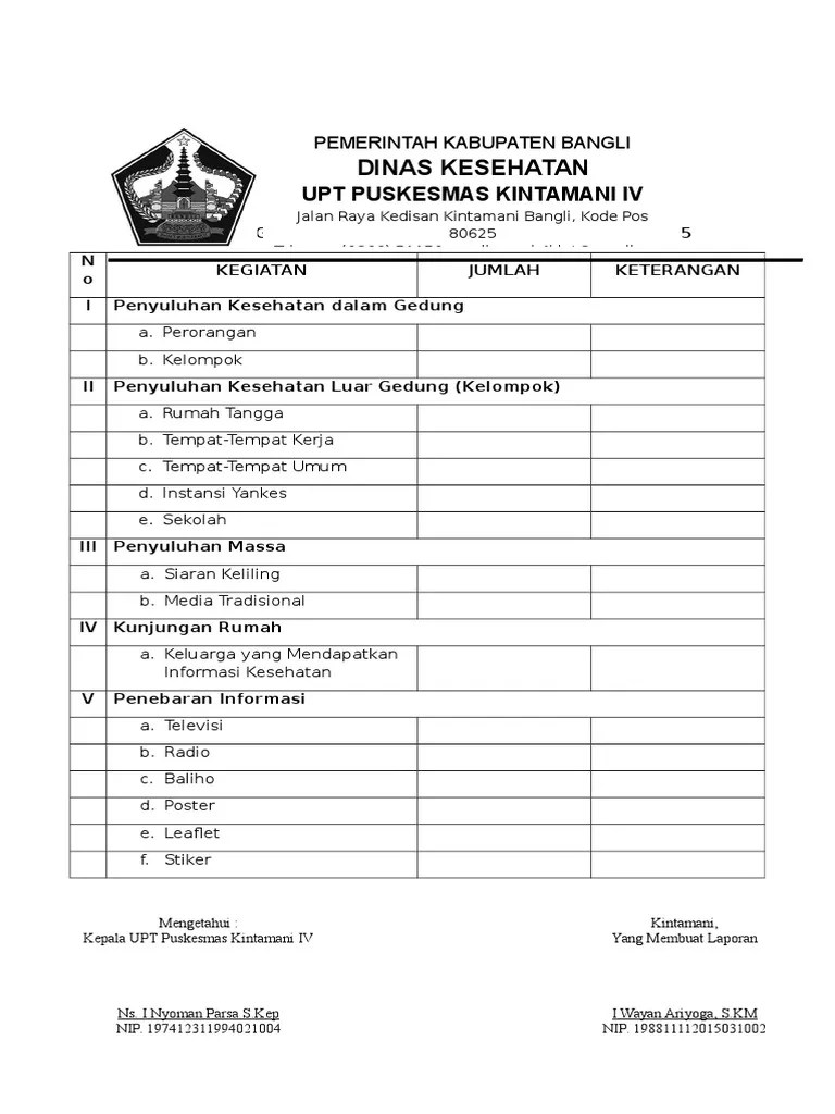 Sistem pencatatan dan pelaporan terpadu puskesmas (sp2tp) adalah mekanisme kegiatan pencatatan dan. Laporan Bulanan Kegiatan Promkes Pdf