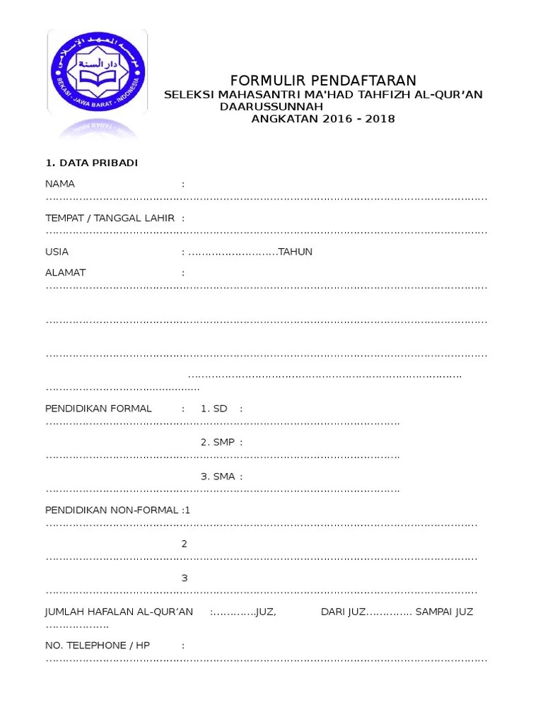 Formulir pendaftaran taman penitipan anak ( 1.5 tahun 6 tahun)* kelompok bermain (3 tahun . Formulir Pendaftaran Tahfidz Al