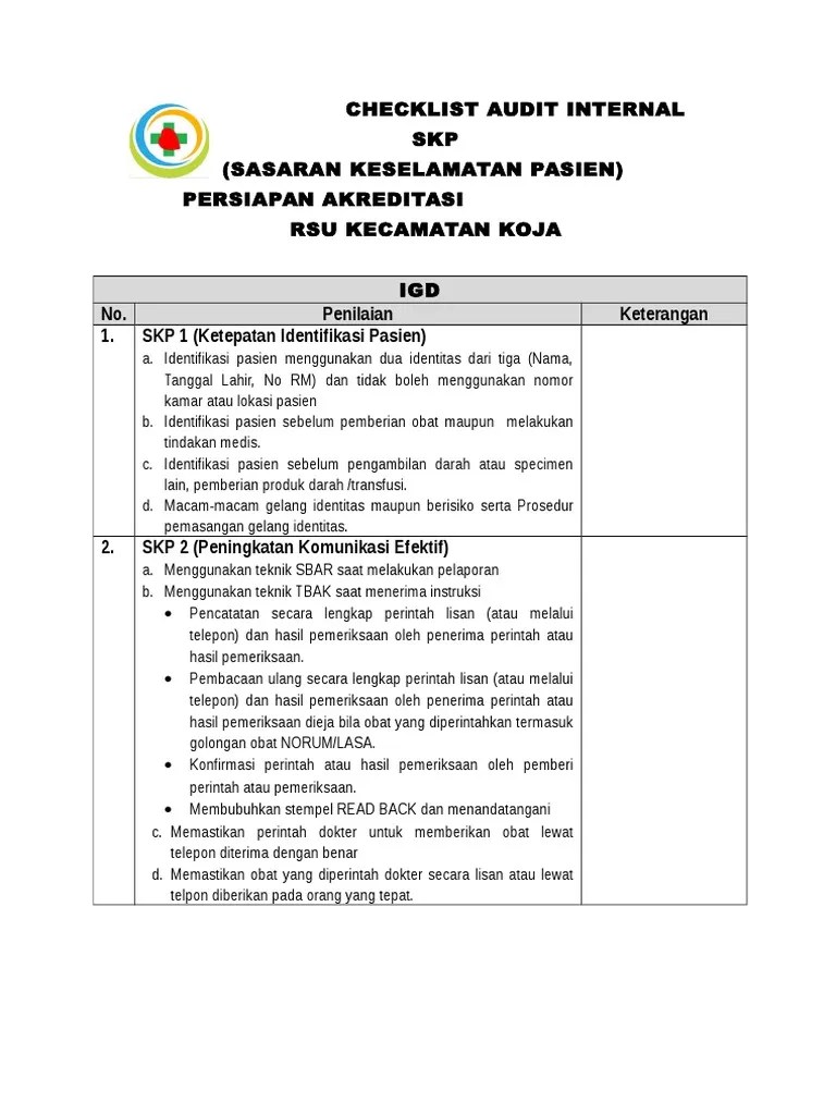 8.10.1 menghimpun hasil pelaksanaan kegiatan rumah sakit. Checklist Audit Rsuk Koja Skp Pdf