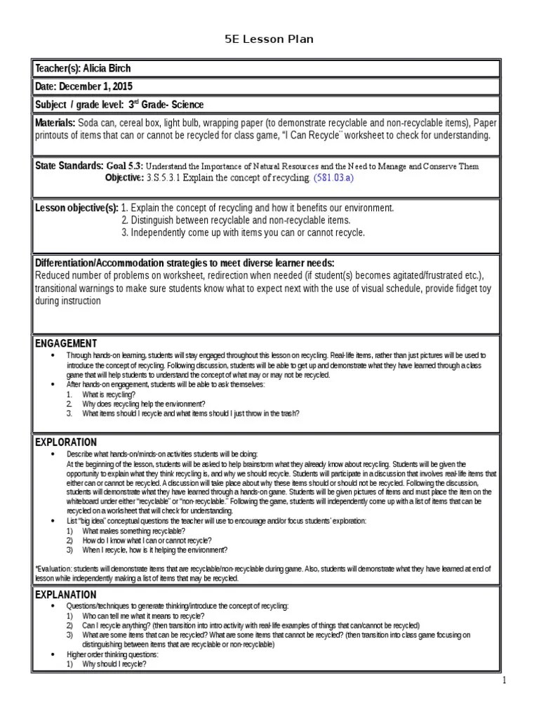 recycling lesson plan pdf lesson plan recycling