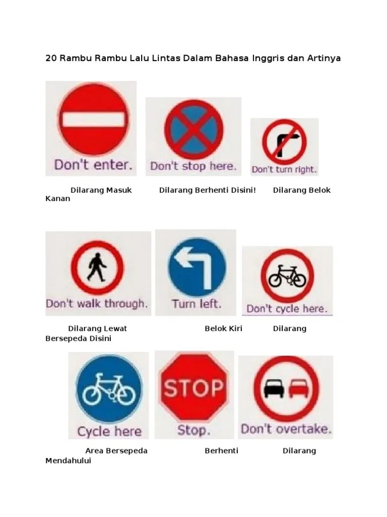 Masyarakat indonesia tentu tidak asing dengan istilah rambu lalu lintas, karena seringkali ditemukan di pinggir jalan dan rambu lalu lintas menjadi pedoman berkendara yang harus ditaati. 20 Rambu Rambu Lalu Lintas Dalam Bahasa Inggris Dan Artinya Pdf
