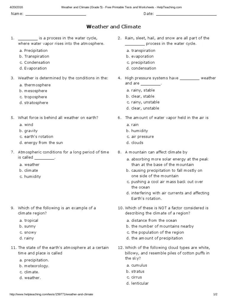weather and climate grade 5 free printable tests and worksheets