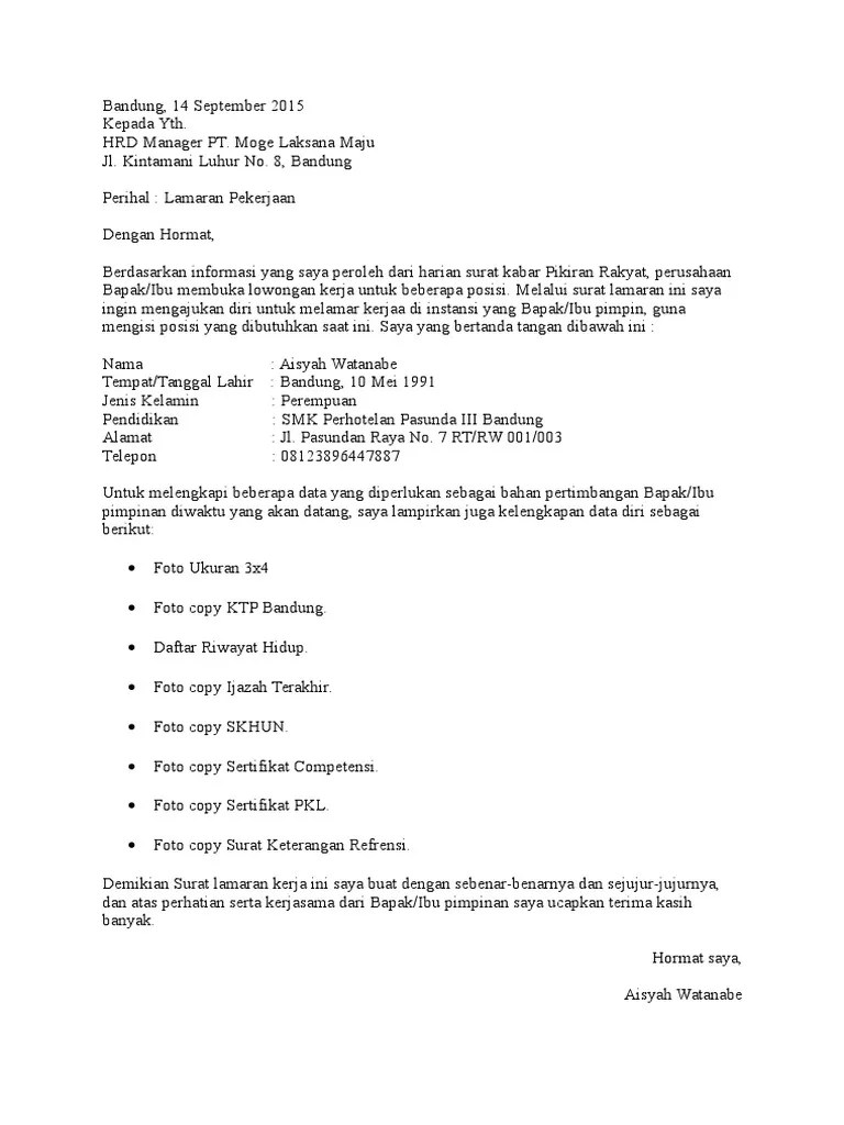 50+ contoh surat lamaran kerja yang baik dan benar (+file doc). Contoh Surat Lamaran Kerja