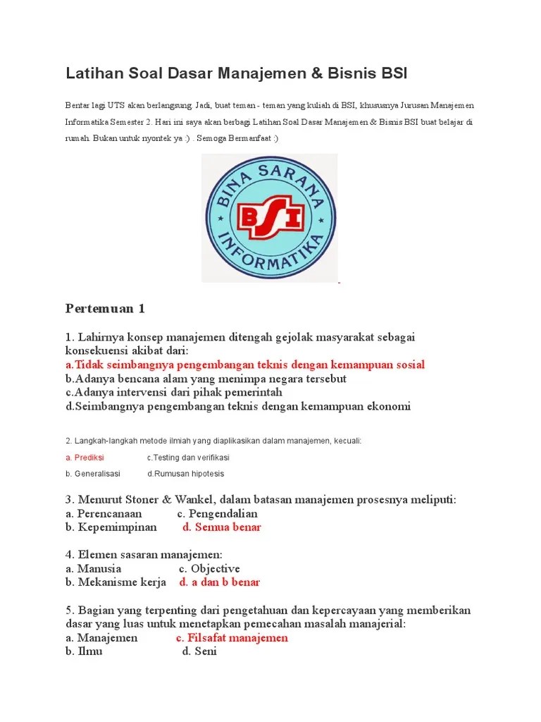 Latihan Soal Dasar Manajemen BSI | PDF