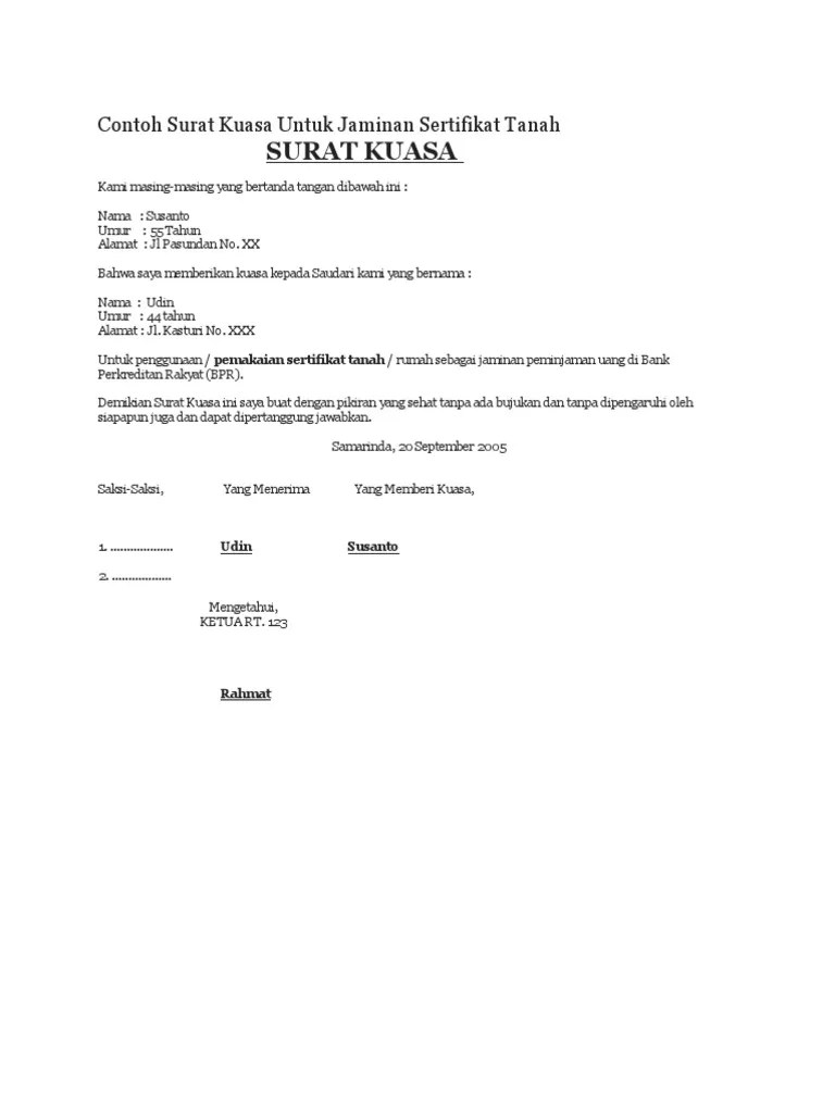 Contoh surat kuasa jaminan sertifikat tanah. Contoh Surat Kuasa Sertifikat Rumah Untuk Pinjaman Bank Surat Surat Lengkap