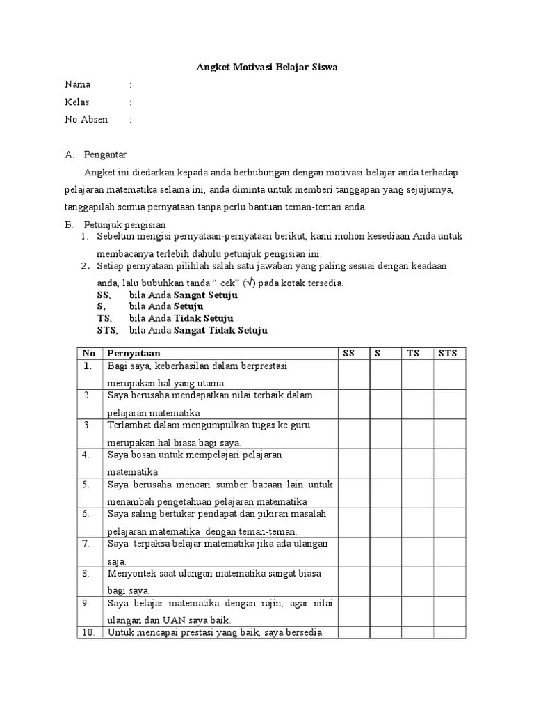 contoh angket siswa terhadap guru contoh 36. Angket Motivasi Belajar Bagikan Contoh