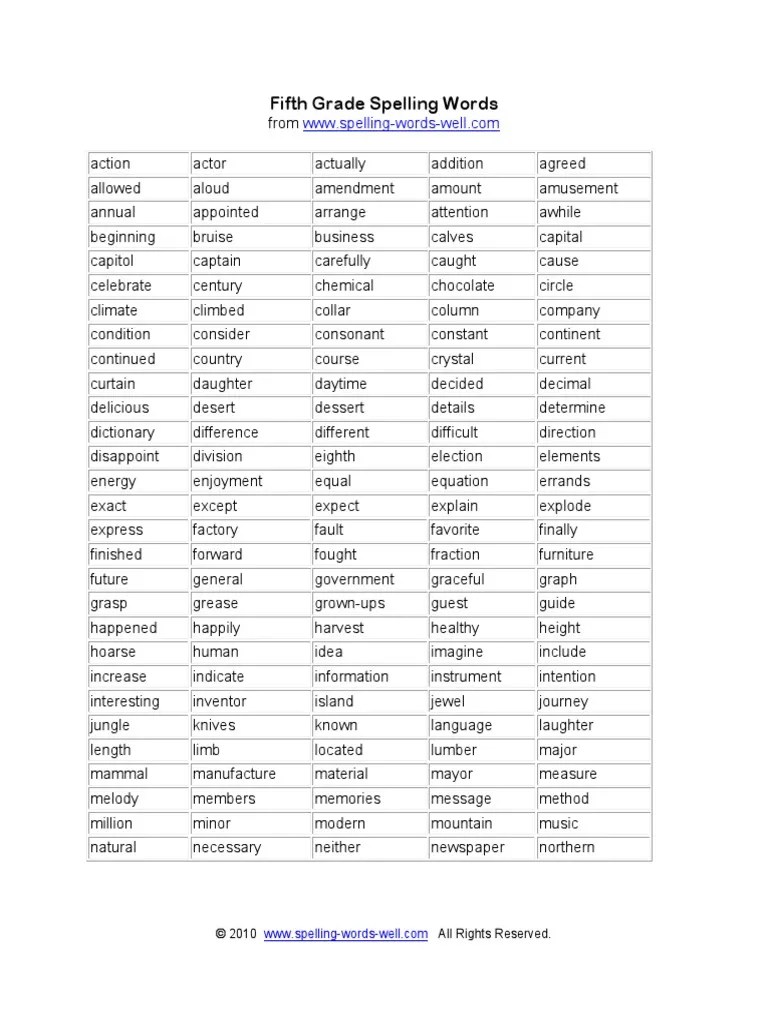 fifth grade spelling words languages
