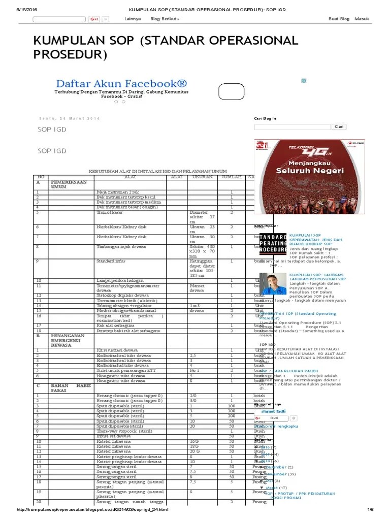 Laboratorium yang disebut dengan standar operasional prosedur (sop) laboratorium atau standar kesehatan dan keselamatan kerja di puskesmas. KUMPULAN SOP (STANDAR OPERASIONAL PROSEDUR)_ SOP IGD.pdf