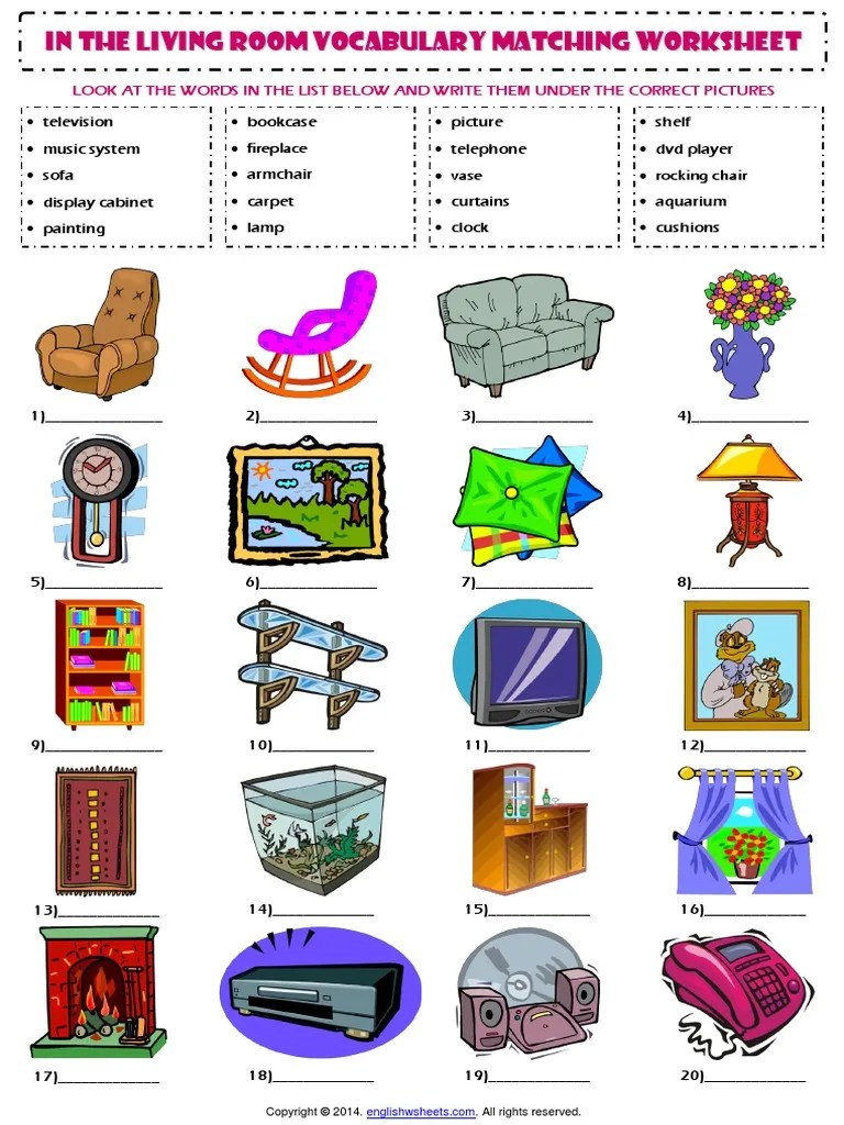 in the living room esl vocabulary matching exercise