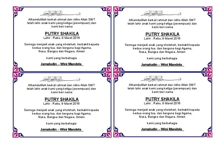 Berharap postingan contoh kartu ucapan aqiqah anak laki laki diatas bisa berguna buat kalian. Contoh Kartu Ucapan Aqiqah Bayi Pada Berkat Kotak Nasi Pdf