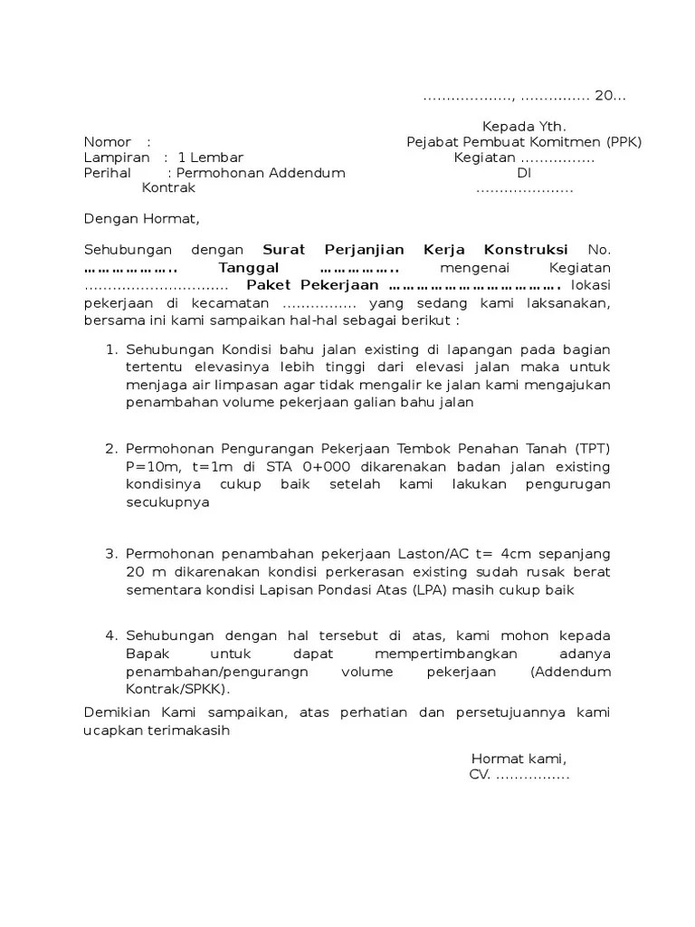 Kontrak dapat dilihat pada gambar di. Contoh Surat Addendum Kontrak Nasi