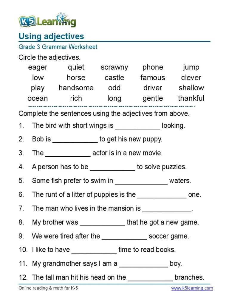 grammar worksheet grade 3 adjectives sentences 1pdf
