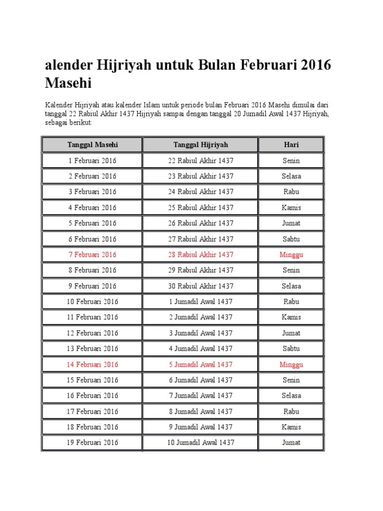 Kalender Hijriyah Untuk Bulan Februari 2016 Masehi | PDF