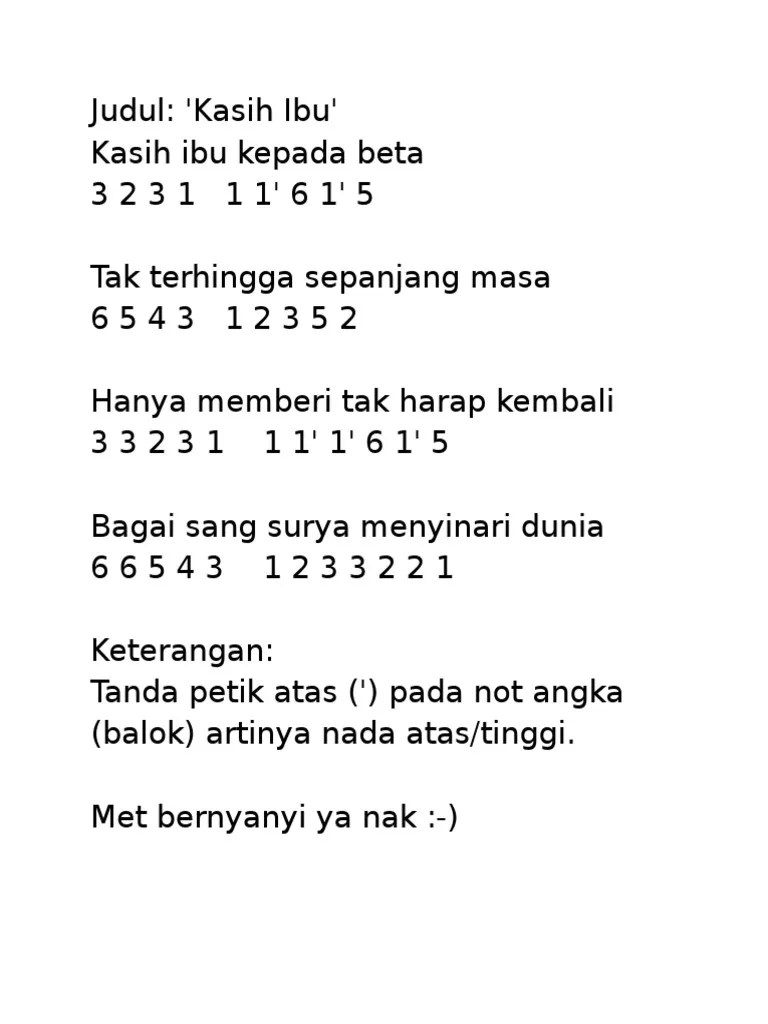 Not Angka Lagu Kasih Ibu – Nasi