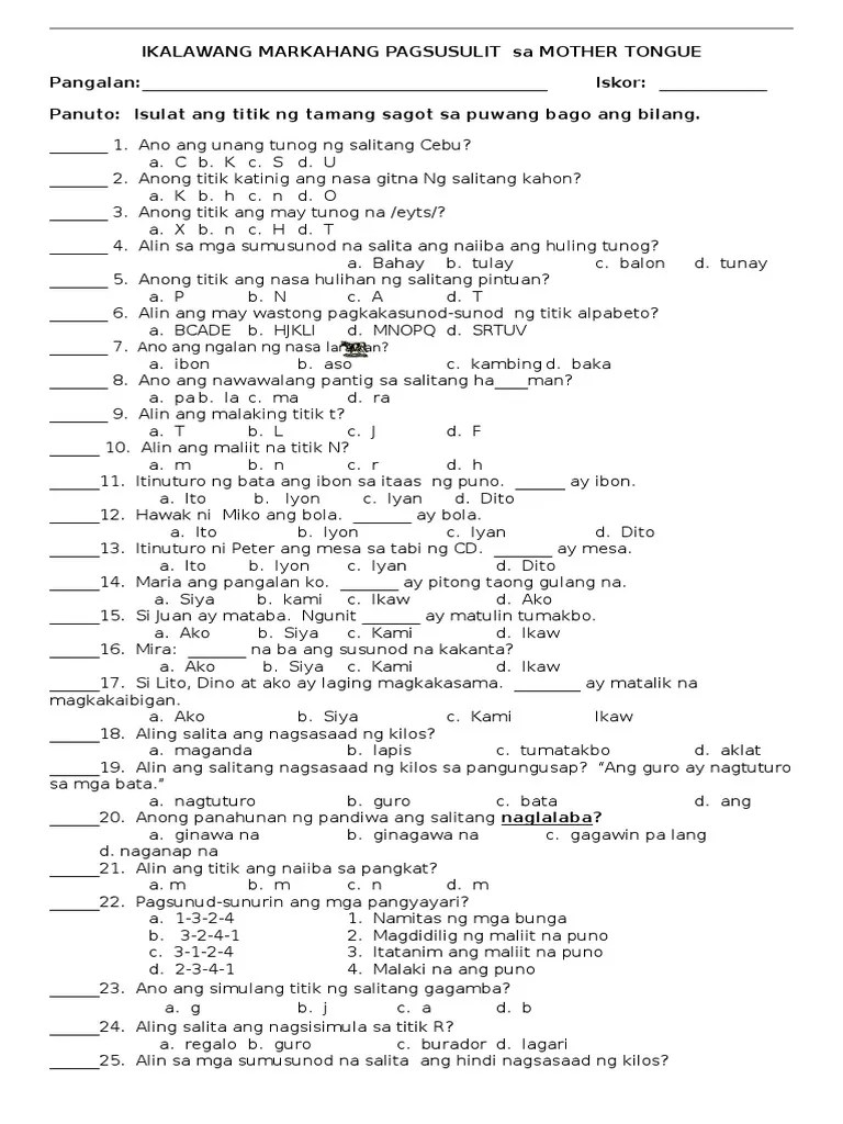 ikalawang markahang pagsusulit sa mother tongue1 2 pdf