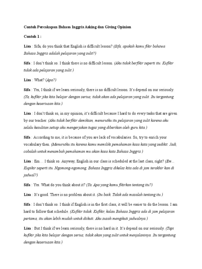 Contoh Percakapan Bahasa Inggris Asking Dan Giving Opinion | PDF