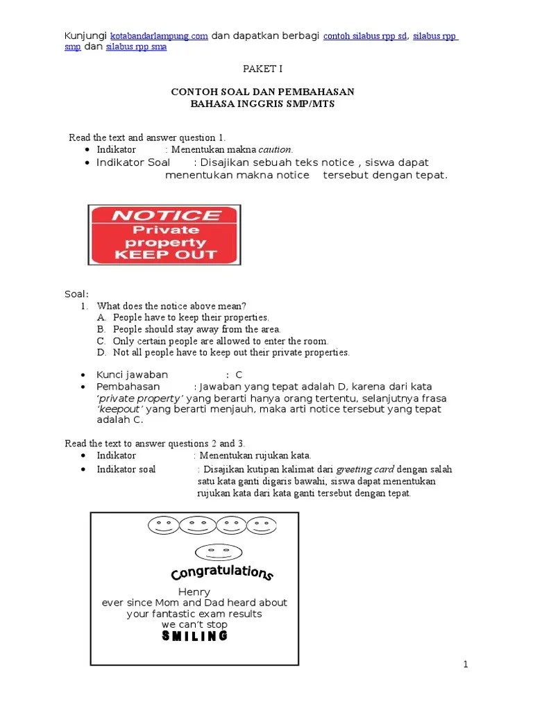 Contoh Soal Un Bahasa Inggris SMP Paket 1 | PDF