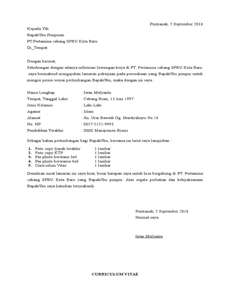 Contoh surat lamaran kerja di pt pertamina spbu contoh surat. Contoh Surat Lamaran Kerja Di Pertamina Spbu Contoh Surat Lamaran