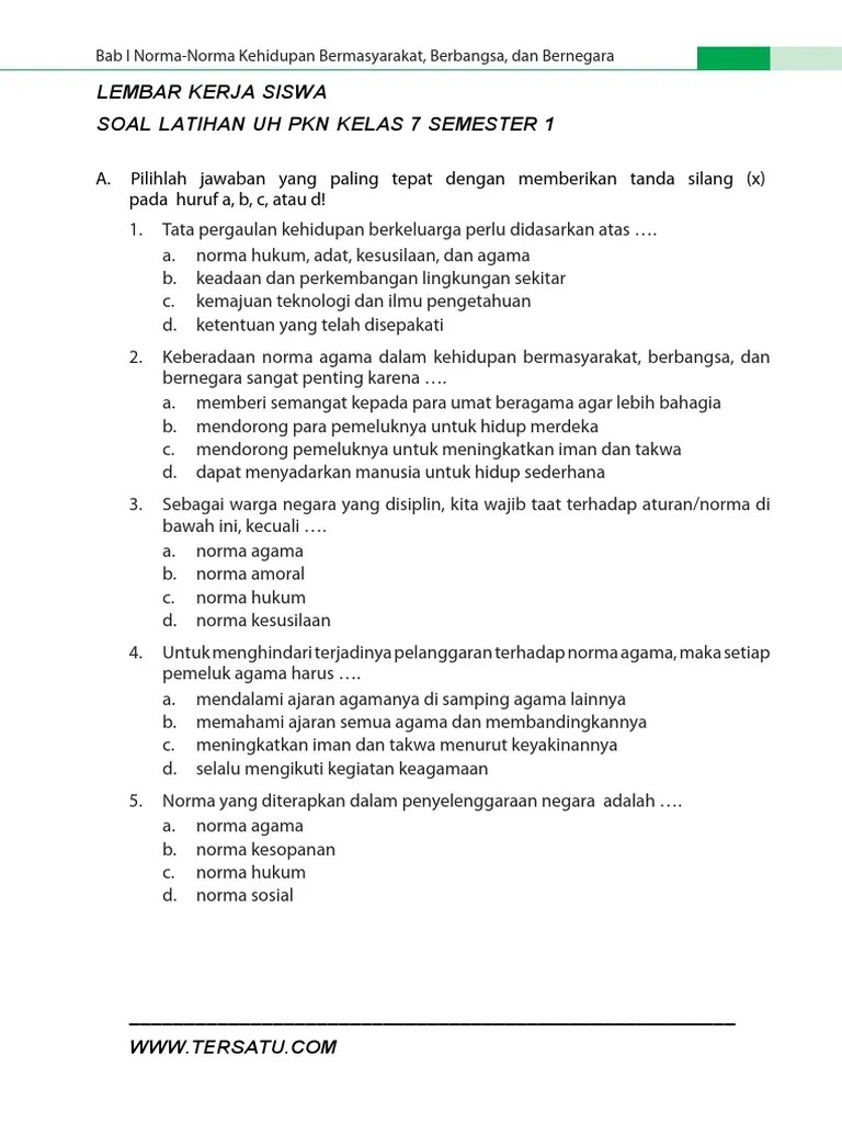 Buku sekolah elektronik (bse) matematika smp / mts kelas vii semester i kurikulum 2013. Contoh Soal Pkn Kelas 7 Bab 1 Tentang Norma Jawabanku Id