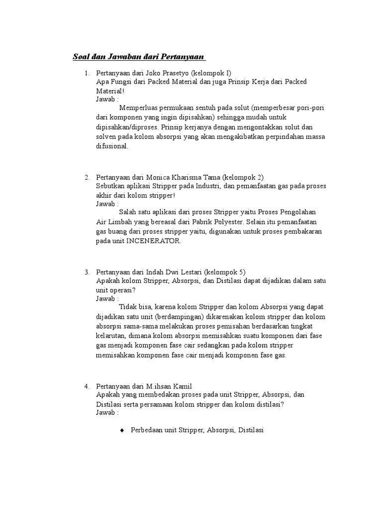 Soal Dan Jawaban Dari Pertanyaan Pengenalan Pabrik Stripper Dan Absorber |  PDF