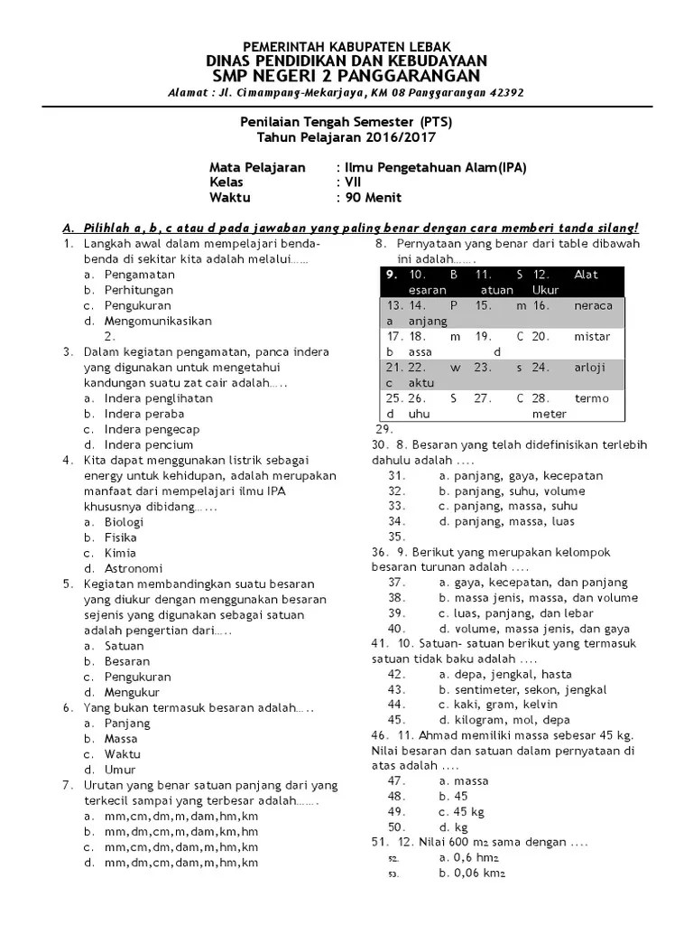 Berikut adalah contoh soal uts ipa smp kelas 7 semester 1 1. Penilaian Tengah Semester Pts Ipa Kelas 7 K13 Pdf