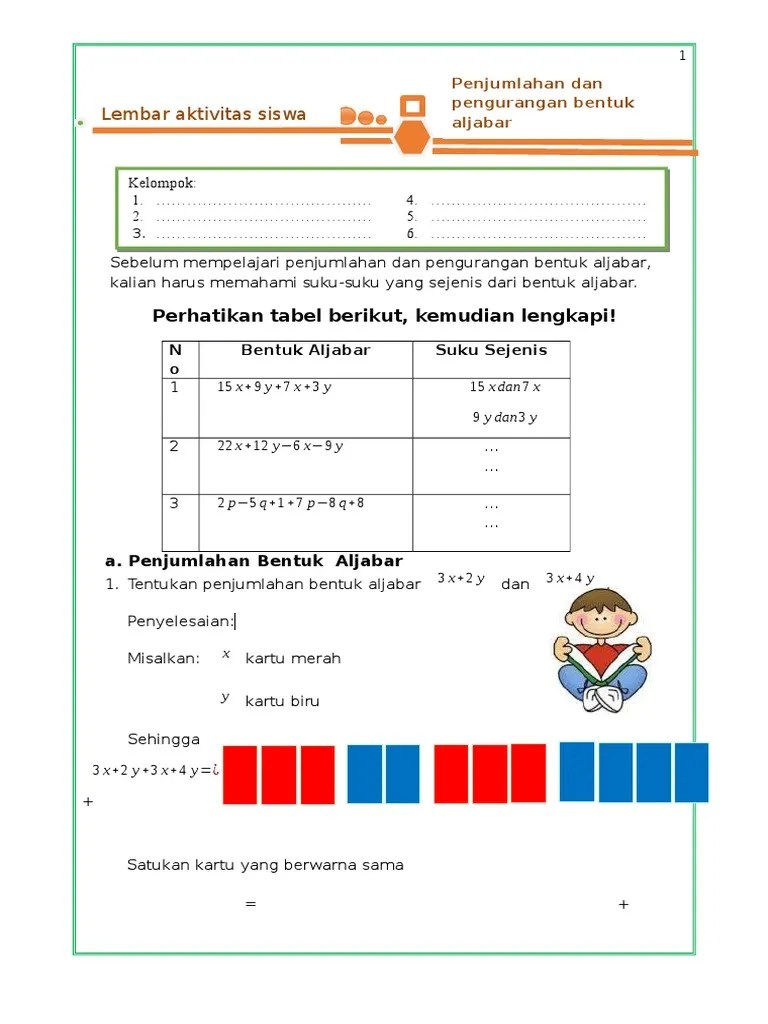 Aljabar ( penjumlahan, pengurangan, perkalian dan pembagian ). Lks Penjumlahan Pengurangan Aljabar