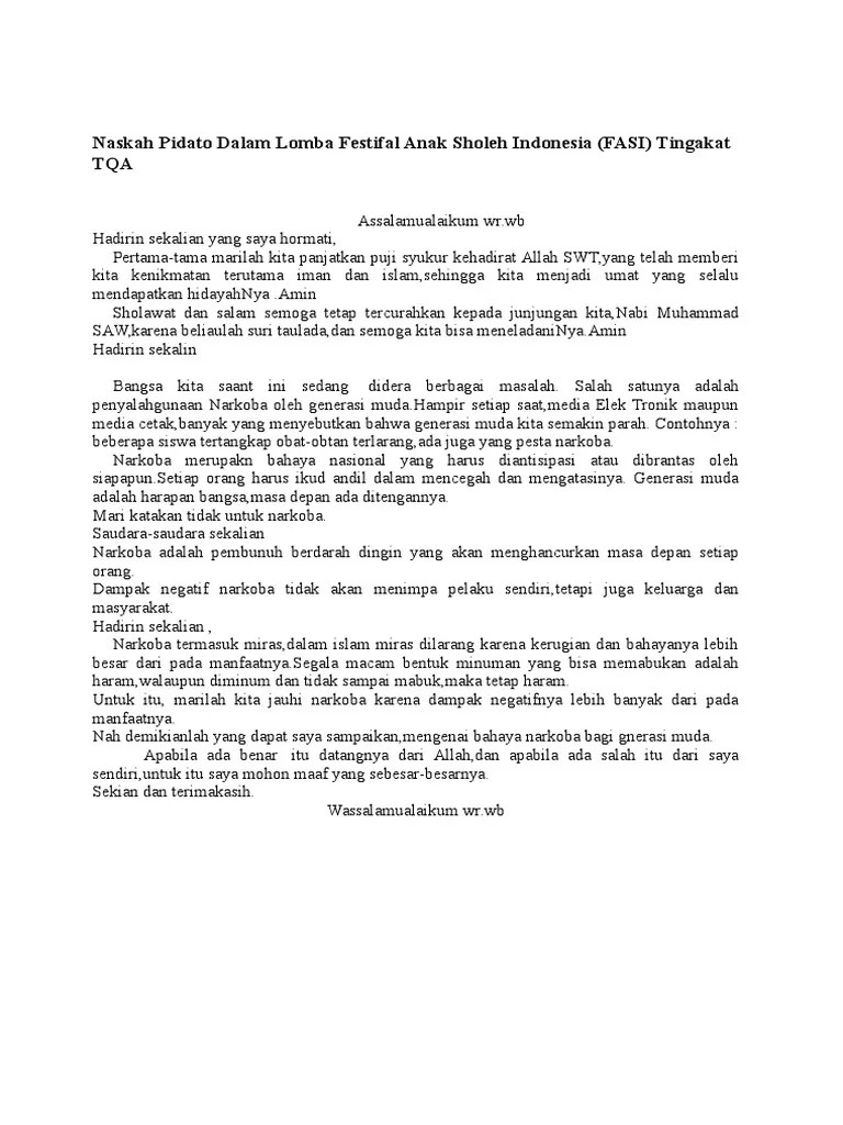 Oleh sadli oktober 22, 2021 posting komentar berikut ini adalah teks pidato hari santri nasional 2021 lengkap dengan. Naskah Pidato Dalam Lomba Festifal Anak Sholeh Indonesia Pdf
