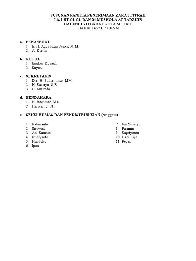 Amil atau pengurus zakat adalah panitia yang akan . Susunan Panitia Penerimaan Zakat Fitrah 2015 Pdf