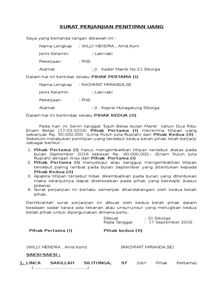 Kumpulan gambar contoh surat perjanjian titipan uang yang baik 2019. Surat Perjanjian Penitipan Uang Pdf