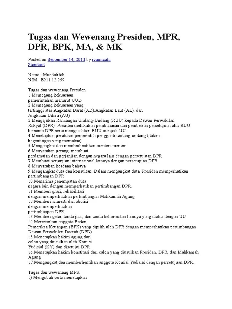 Tugas Dan Wewenang Presiden