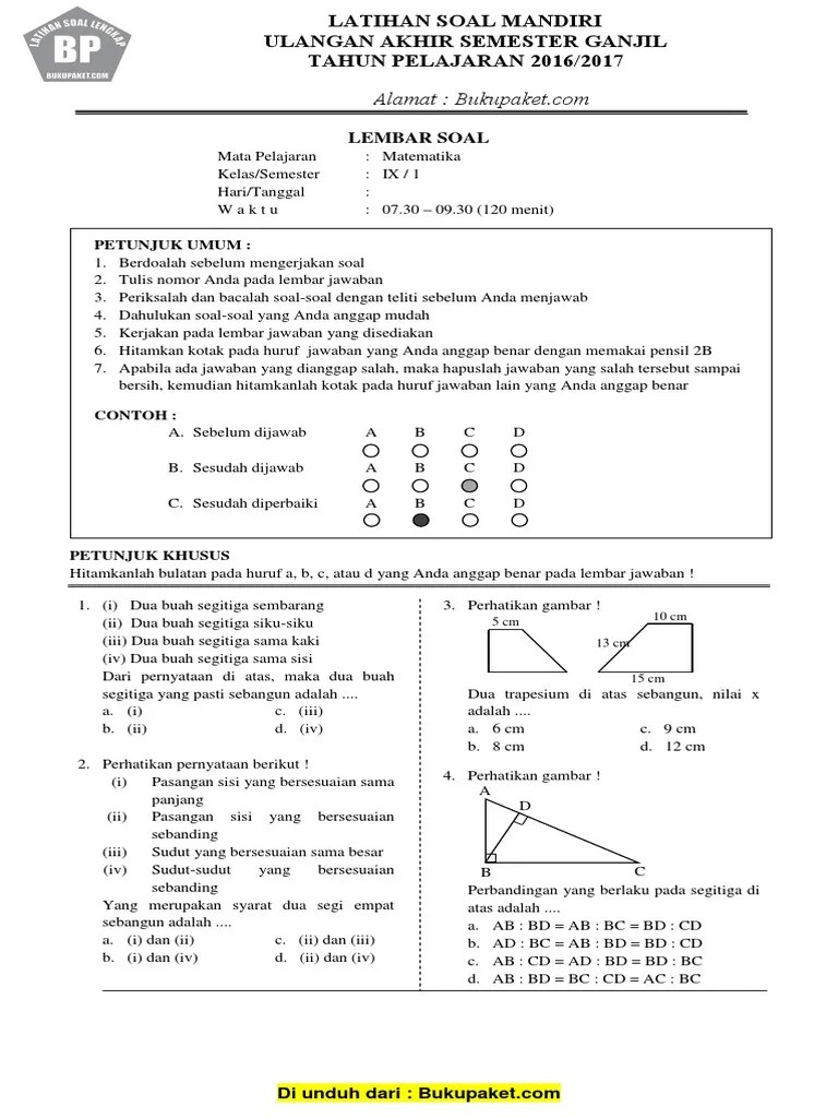 Jan 28, 2021 · materi pelajaran matematika kelas 8 smp / mts kurikulum 2013 …. Latihan Soal Uas Matematika Kelas 9 Semester Ganjil