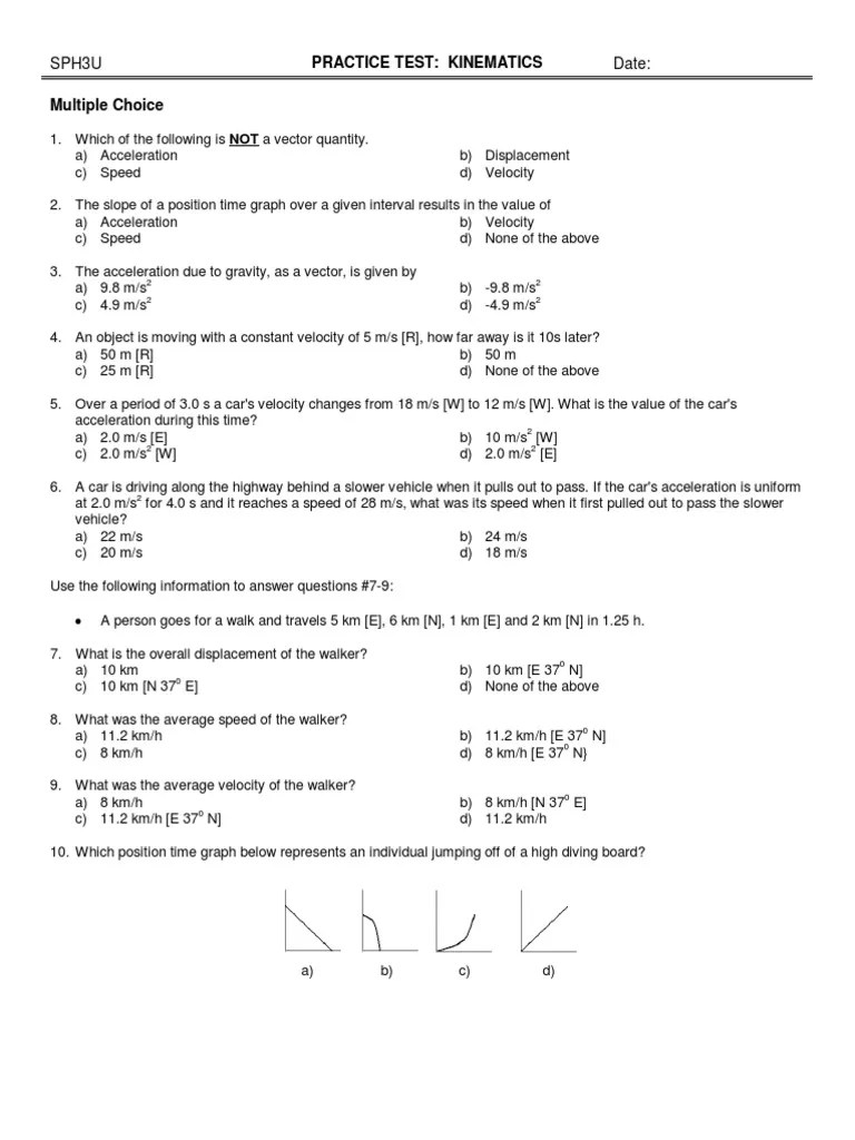 Solve kinematics quiz questions and answers pdf, kinematics mcq worksheets with answers key to practice grade 9 9th grade physics worksheet 11 for online . 11 Kinematics Practice Test Pdf Velocity Acceleration
