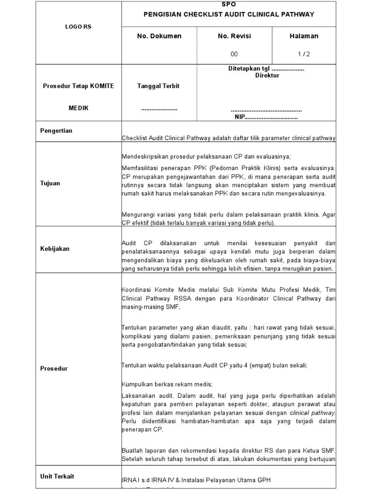 (panduan pelaksanaan tugas yang cukup kompleks) , prosedur. Spo Pengisian Checklist Audit Clinical Pathway Pdf