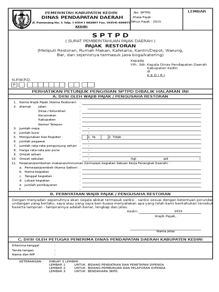 SPTPD Pajak Restoran 2015 | PDF