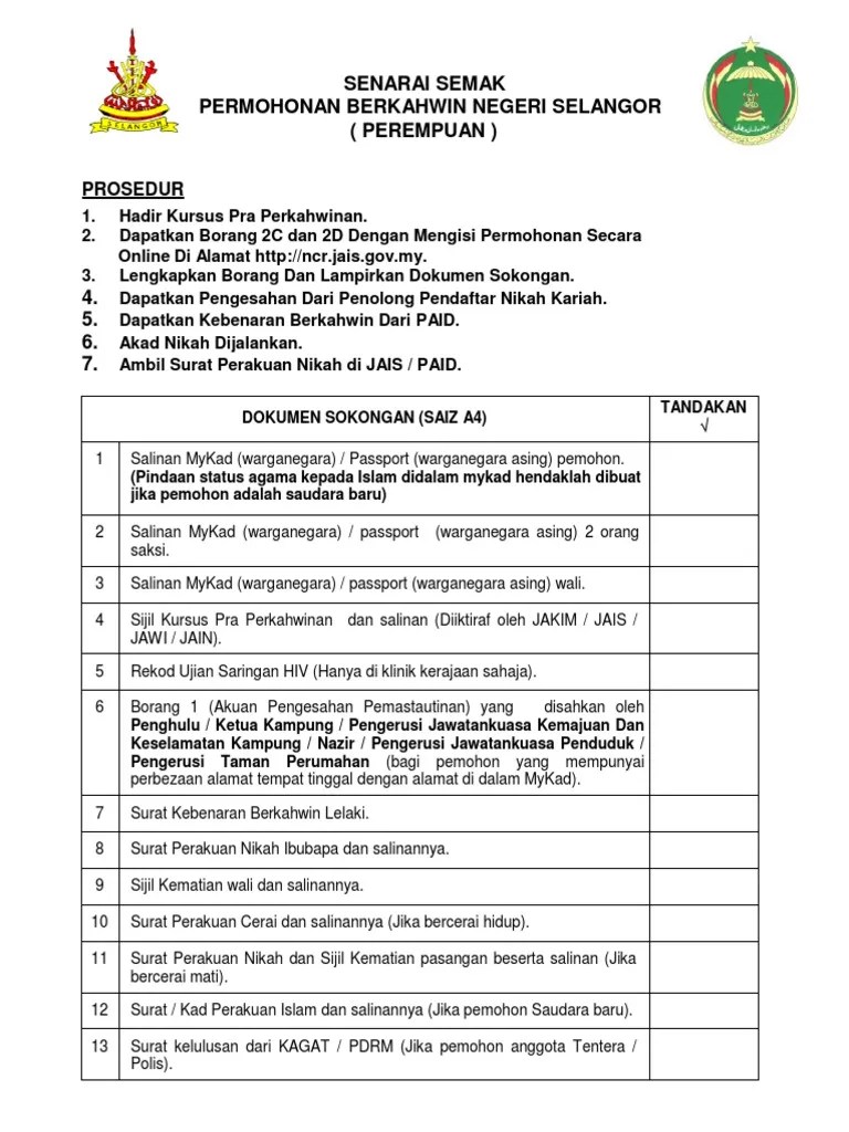 Sijil nikah selangor 2018 umpama g. Senarai Semak Permohonan Nikah Perempuan Pdf