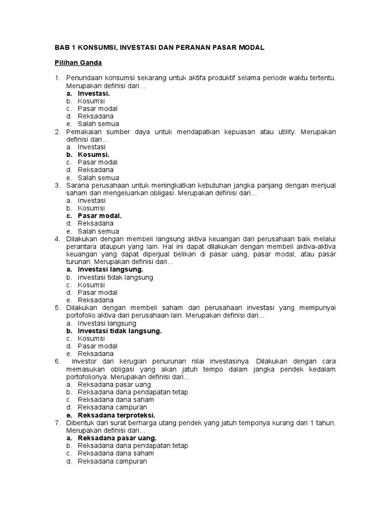 Soal uts dan soal pertemuan 1 6 analisa laporan keuangan bsi semester 5 diterbitkan mei 09 2014. Soal Pilihan Ganda Dan Essay Teori Portofolio Dan Investasi