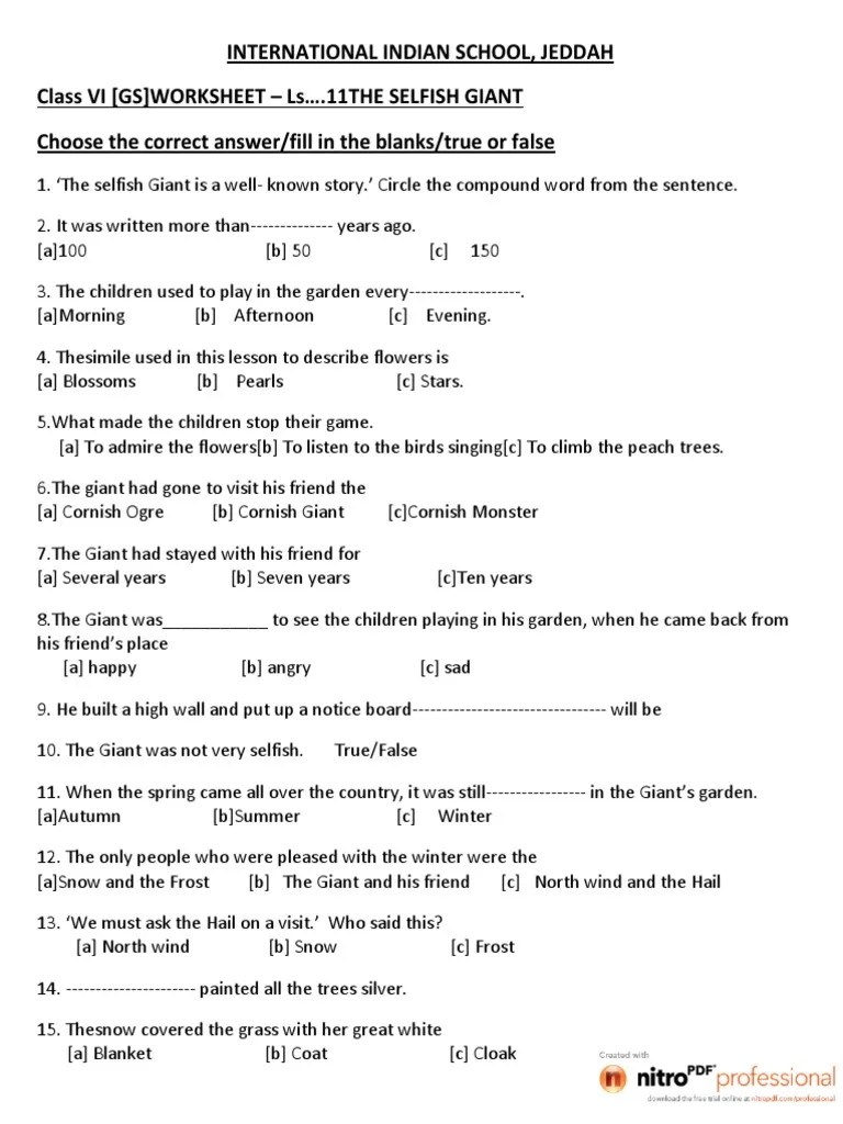 cbse class 4 english revision worksheet 59 the selfish giant the