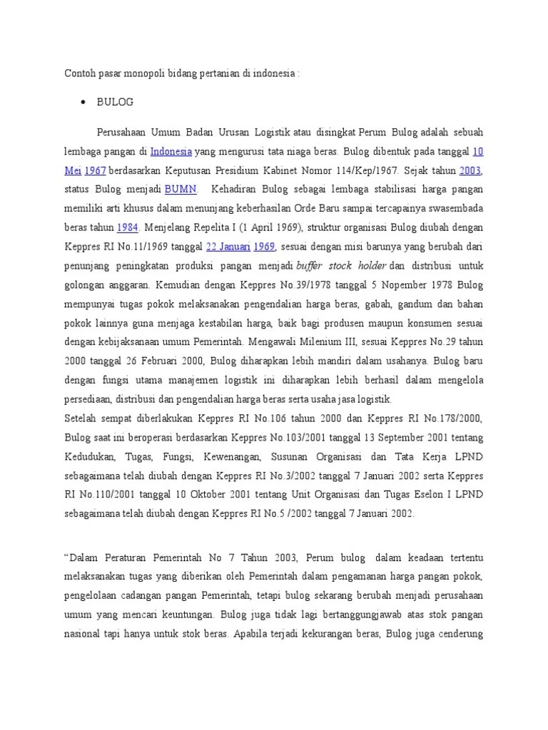Contoh Pasar Monopoli Bidang Pertanian Di Indonesia | PDF