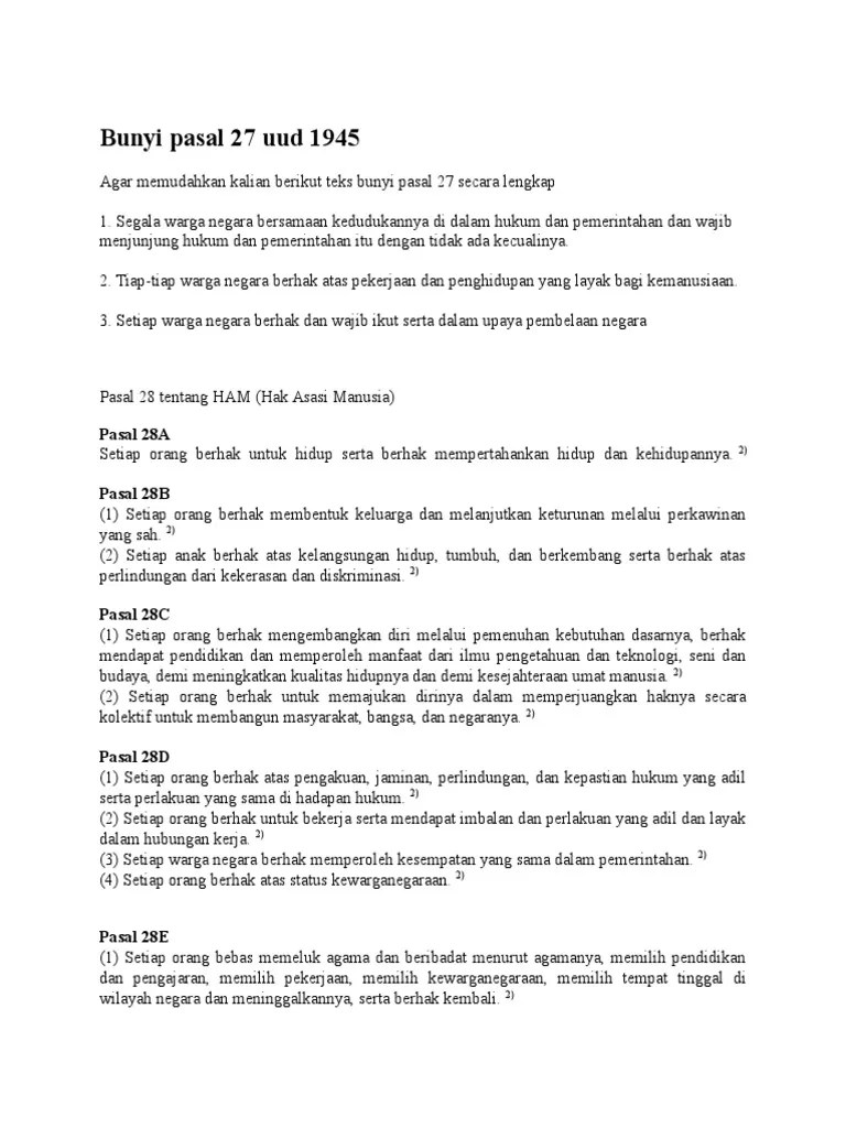 Tuliskan Isi Pasal 27 Ayat 1 Dan 2 Uud 1945