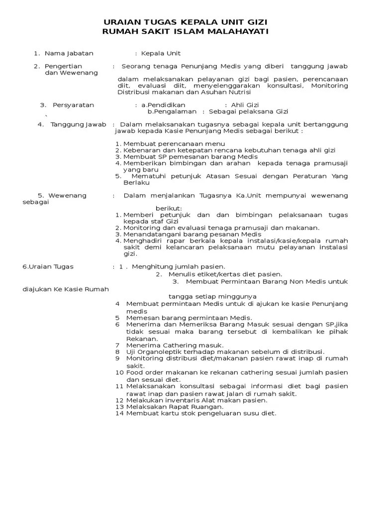 Uraian Tugas Kepala Unit Gizi